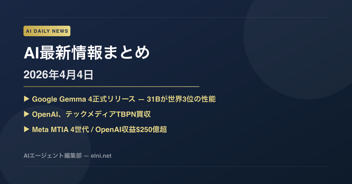 AI最新ニュースまとめ 2026年4月4日号