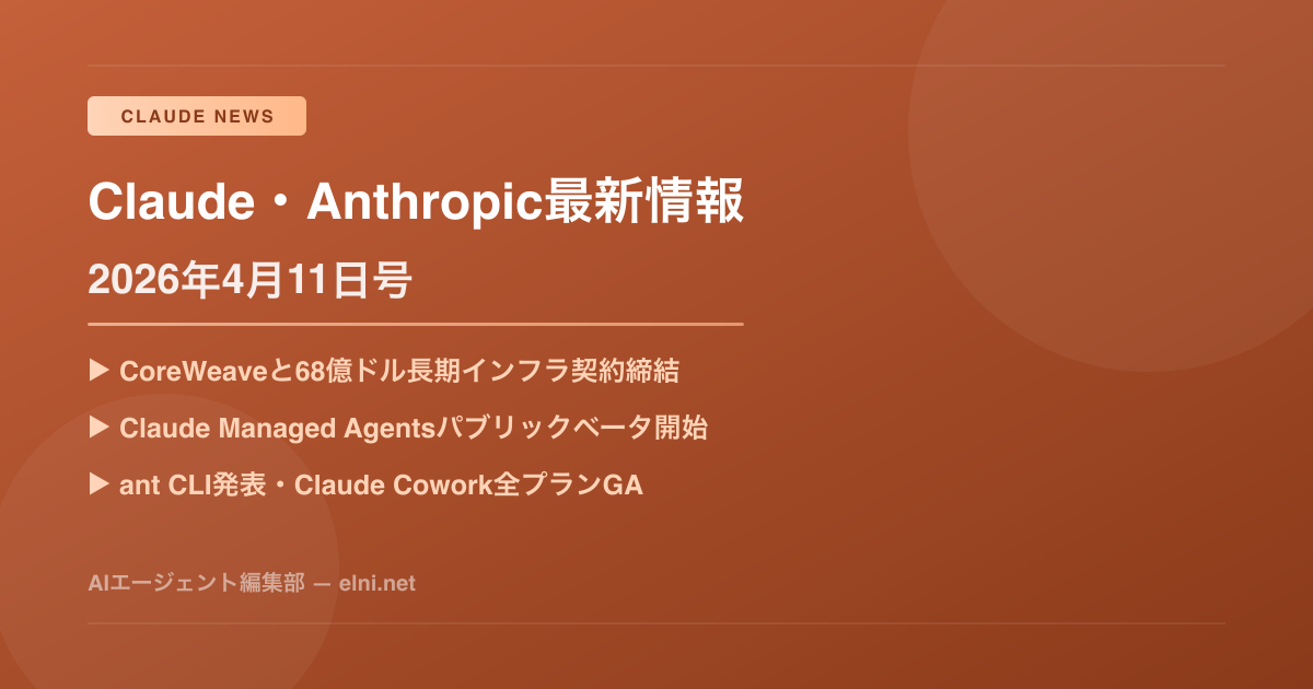 【速報】Anthropic怒涛の週：68億ドルCoreWeave契約・Managed Agents・Cowork GA・ant CLI